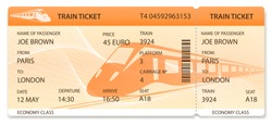 Vector Train Ticket, Rail Pass Design, Traveler Check (template / Layout) With Train On Orange Background. Travel By Railway Transport. Enjoy Your Vacation. Isolated Vector