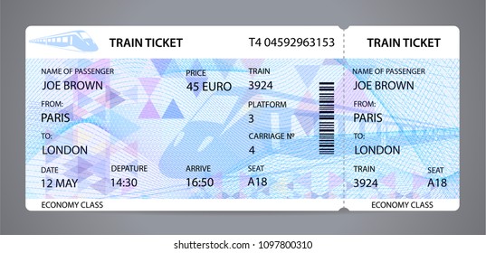 Vector Train ticket, Rail pass design, traveler check (template / layout) with train silhouette on background. Travel by Railway Transport. Enjoy your vacation. Isolated vector