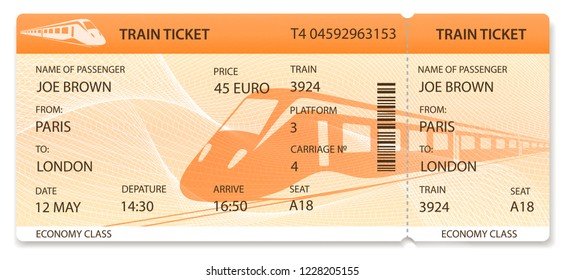 Vector Train ticket, Rail pass design, traveler check (template / layout) with train on orange background. Travel by Railway Transport. Enjoy your vacation. Isolated vector