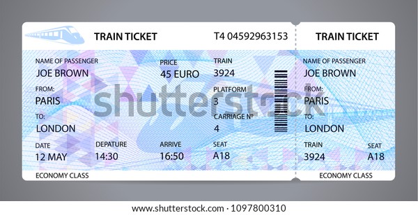 Vector Train ticket,\
Rail pass design, traveler check (template / layout) with train\
silhouette on background. Travel by Railway Transport. Enjoy your\
vacation. Isolated\
vector