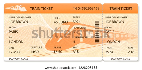 Vector Train ticket, Rail\
pass design, traveler check (template / layout) with train on\
orange background. Travel by Railway Transport. Enjoy your\
vacation. Isolated\
vector
