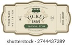 Vector train ticket template featuring a passenger carriage with vintage-style inscriptions and decorations. Premium class. No ai