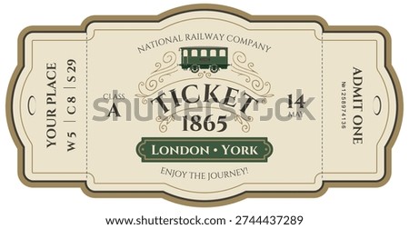 Vector train ticket template featuring a passenger carriage with vintage-style inscriptions and decorations. Premium class. No ai