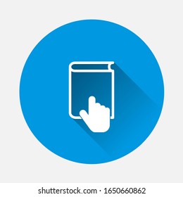 Vector training symbol icon. Distance learning. Online learning. The hand opens book icon on blue background. Flat image with long shadow.