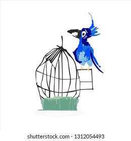 Vector trandy flat illustration. Music festival animal. Cartoon bird in cage. Bird cage. Character bird. Parrot.