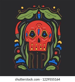 Vector trandy illustration. Handwritten unique lettering. Day of the dead poster with skeleton. Vector lettering. Mexican traditional holiday. 
