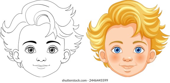 Vector transformation of a boy's face from line art to color.