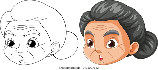 Vector transformation of a character's face from sketch to color.