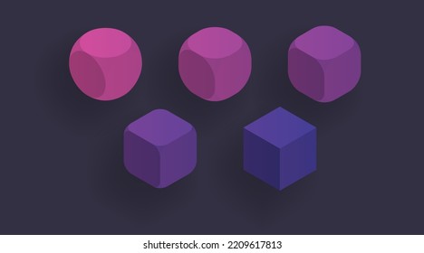 Vector transformation and evolution gradient colors shapes of a circle into a square. Abstract isometric digital background composition for a site.