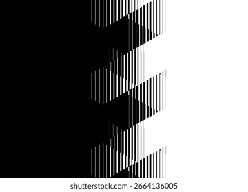 Transição vetorial de preto para branco. Padrão abstrato de linhas finas quebradas. Elemento de design distribuído. Vetor fundo preto e branco para capas, embalagem, publicidade, vídeo. Formas geométricas