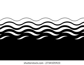 Vector de negro a blanco con ondas abstractas. Fondo de Vector para imprimir, etiquetas, publicidad, embalaje, textiles. Elemento de diseño para bebidas, deportes. Flujo de agua, mar, río. Borde, raya con lugar para texto. Decoración interior. Líquido