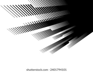 Vector transition from black to white with flying stripes in perspective. Modern line pattern. Abstract separated vector background in retro style.