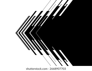 Vector transition from black to white in the form of an arrow. Striped Design Element. Sports pattern. Vector background. Place for text. Abstract broken lines. Pointer