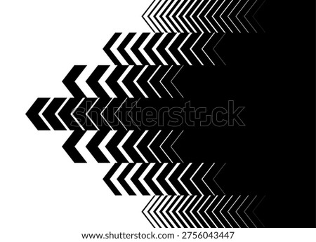 Vector transition from black to white with long striped arrows. Design element from broken lines. Pointer, direction. Two-tone background for covers, advertising, navigation, packaging. Navigation