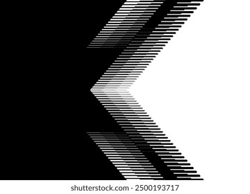 Vector transition from black to white with striped geometric shapes from lines. Modern black and white pattern. Abstract vector background. Abstract arrow. Pointer