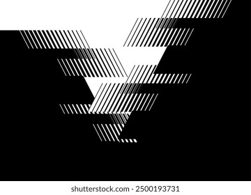 Vector transition from black to white striped geometric shapes from lines. Modern black and white pattern. Abstract triangular vector background