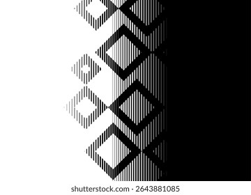 Vektorübergang von Schwarz zu Weiß. Gestreiftes Muster aus dünnen unterbrochenen Linien für Poster, Umschlag, Verpackung, Werbung. Moderner Vektorhintergrund. Design-Element. Abstrakte Rauten