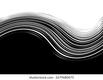 Vector de transición de negro a blanco. Fondo vertical de líneas curvas. Separación de diseño para cubiertas, publicidad, embalaje. Patrón Horizontal moderno. Onda rayada