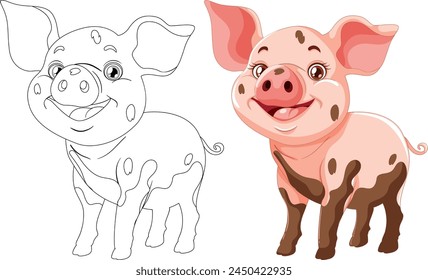 Vector transition from sketch to colored pig