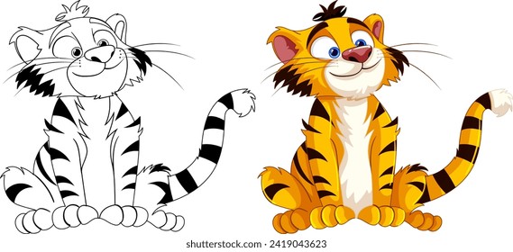 Vector transition from sketch to colorful tiger character