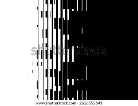 Vector transition. Striped black and white digital pattern of large abstract pixels with space for text. Technological Vector background of thin broken lines. Halftone. Data flow. Clusters. Code, info