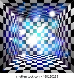 Vector translucent light effect. Plaid room, black and white cell, 3d chess board. Abstract vector design background