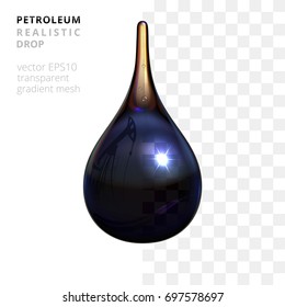 Vector translucent petroleum drop. Realistic 3d droplet of a crude oil. Black gold liquid with a reflection of oil pump and twin pipeline. White and checkered background shows a slight transparency.