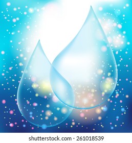 Vector Transparency Blue Shiny Water Drop on the Blue Background with Light Effects. Logo Design .