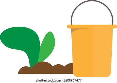 Vector de fondo transparente, de una cubeta de agua al lado de un cultivo vegetal. Cuidado de las plantas y agua. Cultivo natural y ecológico. Jardinería.