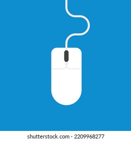 Vector with transparent background, of a computer mouse on a blue background. White computer mouse with wheel. Right and left click. Internet browsing. Move the cursor.