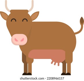Vector with transparent background, of a cow. Brown cow or bull. Farm animal. Cattle raising. Milk cow. Cow udders ready for milking. Horns.