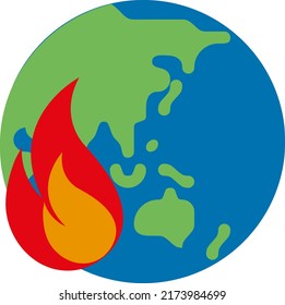 Vector with a transparent background of the globe where the Eurasian continent can be seen with a flame of fire. Concept of war, fires and global warming. High temperatures.