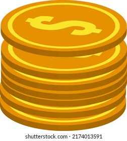 Vector with transparent background of a group of coins stacked on top of each other. Golden coins with dollar symbol.