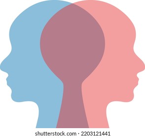 Vector with transparent background, of the intersection of two human faces or profiles. Concept of psychology, relationships, mental health, sharing ideas and thoughts. Common objectives. Agreements.