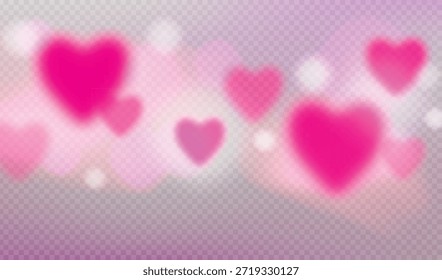 
Vector transparent background with pink dreamy clouds with glowing heart shapes, sparkling stars for romantic valentine and love themed design