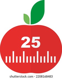 Vector with transparent background, from a pomodoro. Pomodoro with countdown. Timer, with 25 minutes. Over time. Ripe red tomato.