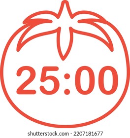 Vector with transparent background, of a red tomato. Red tomato with countdown. Pomodoro. Kitchen timer and activities. Elapsed time.