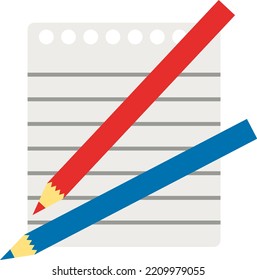 Vector with a transparent background, two colored pencils, a red pencil and a blue pencil, next to a paper note. Lined notebook paper. Write letter or paper. Education, taking notes and drawing.