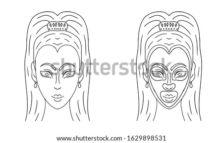 Vector transparent, black and white asian woman faces in spa procedure. Before and after, sketch version. Girl with mask sheet on her face and towel in her head