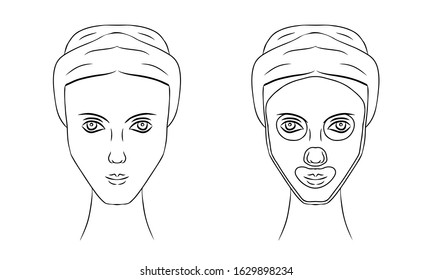 Vector transparent, black and white woman faces in spa procedure. Before and after, sketch version. Girl with mask sheet on her face and towel in her head
