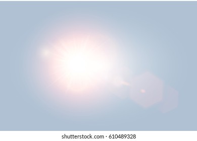 Vector transparent bright day sunlight lens flare with hexagon elements on light blue background. Sunrise or sunset, star burst.