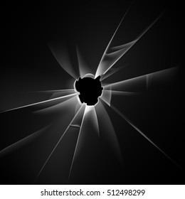 Vector Transparent Broken Glass Window with Bullet Hole Close up Isolated on Dark Black Background