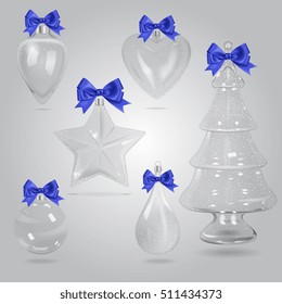 Vector Transparent Christmas Decorations Set With Blue Silk Bows