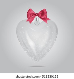 Vector Transparent Christmas Glass Heart Shape Decoration With Snow And  Red Silk Bow