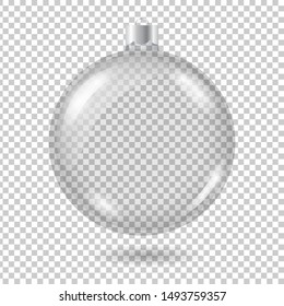 Vector transparent christmas tree ball with shadow isolated on checkered background. 3D illustration.