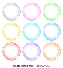 Icono de la burbuja del jabón del círculo transparente del vector colorido aislado en el fondo.
