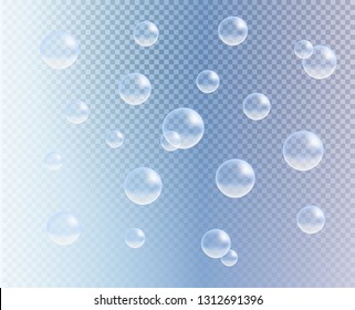 Vector transparent colorful soap bubbles. 3d realistic bubbles on blue transparent background. Soap water bubbles, shampoo, water, oxygen, drop, underwater air, rain, effervescent drink,  air, gas etc