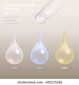 Vector transparent cosmetic drops. Set of closeup serum essences under nozzle of pipette. Pearl, blue and gold 3d realistic droplets of collagen, hyaluronic acid, moisturizer with a golden glitter.