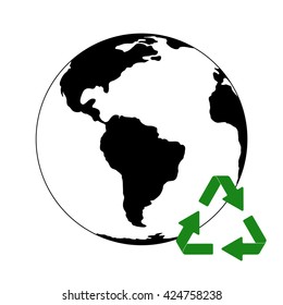 Vector transparent earth with black continents of America and a green triangle mark processing