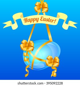 Vector transparent egg with banner and lettering Happy Easter.